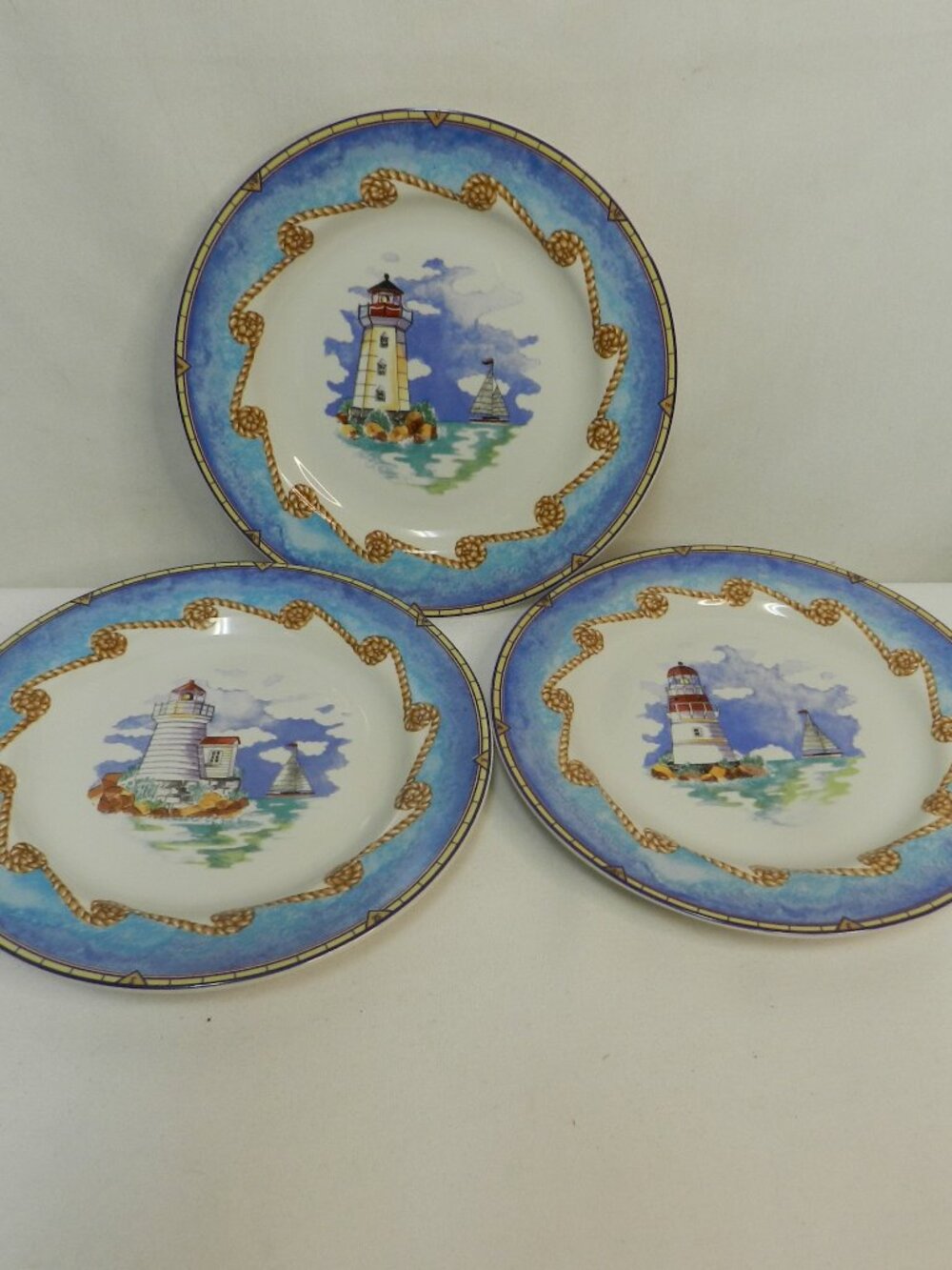 Fitz & Floyd Omnibus Shoreline salad starter plate Set 3 Lighthouse Nautical